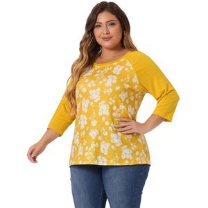 Plus Size Top Floral Printed Raglan Sleeves T Shirt Light Yellow